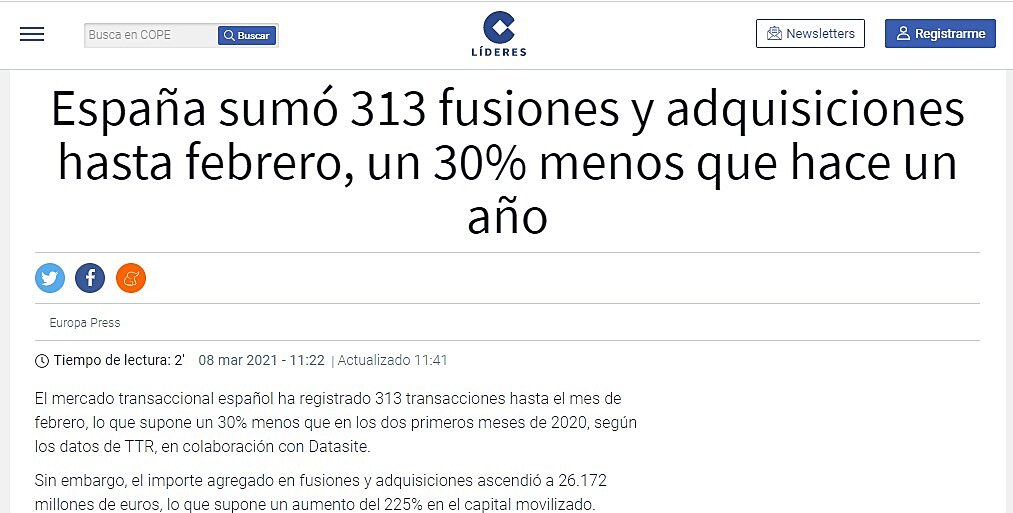 Espaa sum 313 fusiones y adquisiciones hasta febrero, un 30% menos que hace un ao